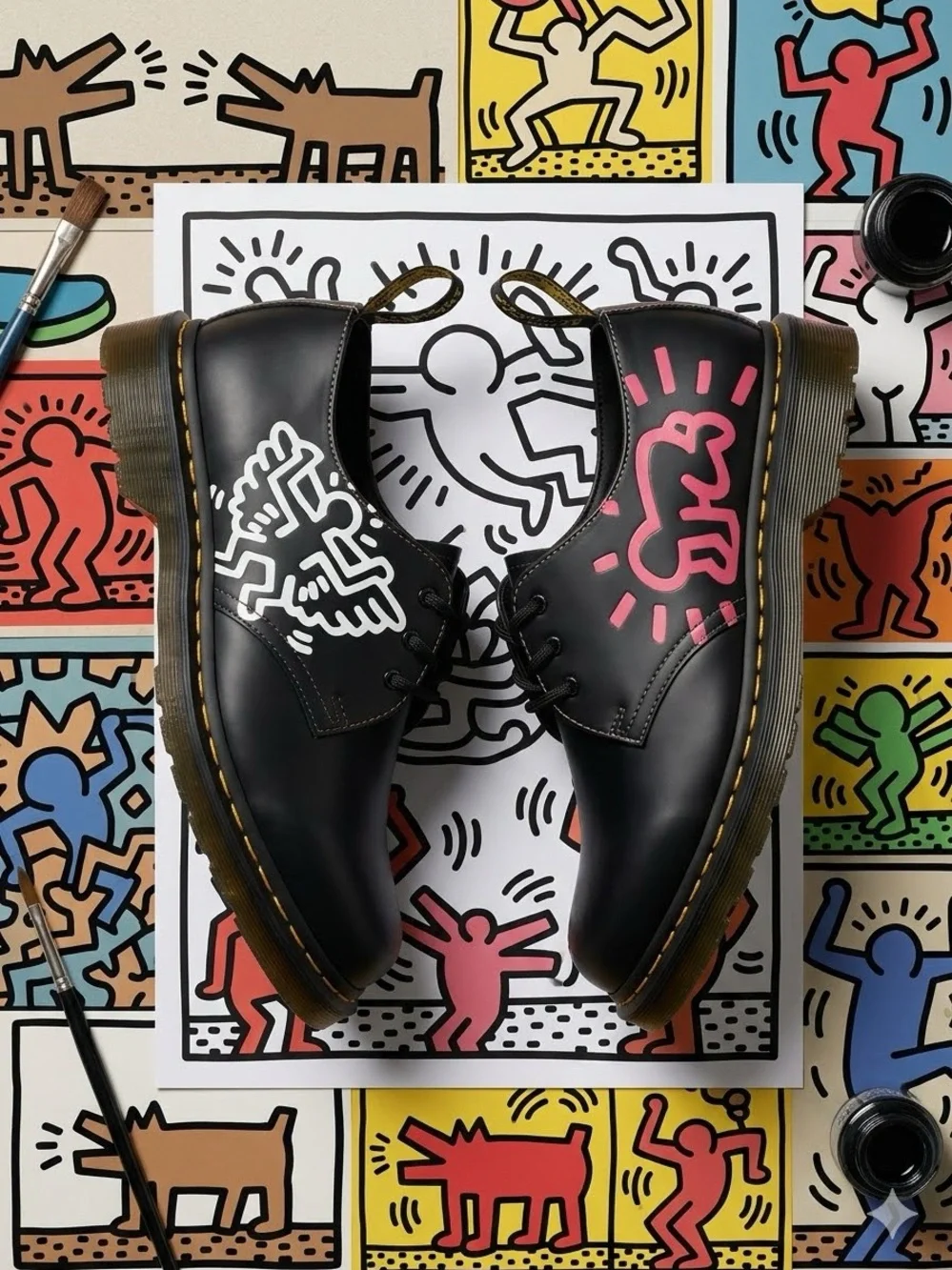 Dr. Martens Black Leather Derby Shoes with Pink & White Graphic mens 9